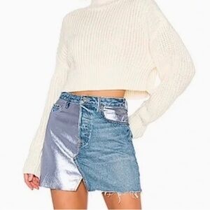 GRLFRND Milla Mini Skirt Two Face Metallic Faux Leather Denim Raw Hem Size 27